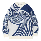 Driftly navy and white swirl pattern knitted pullover, flat lay view