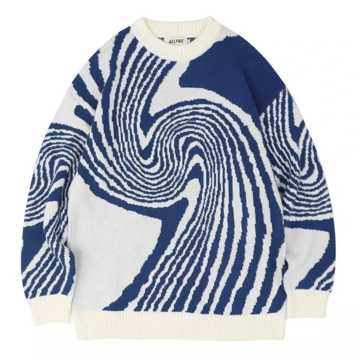 Driftly navy and white swirl pattern knitted pullover, flat lay view