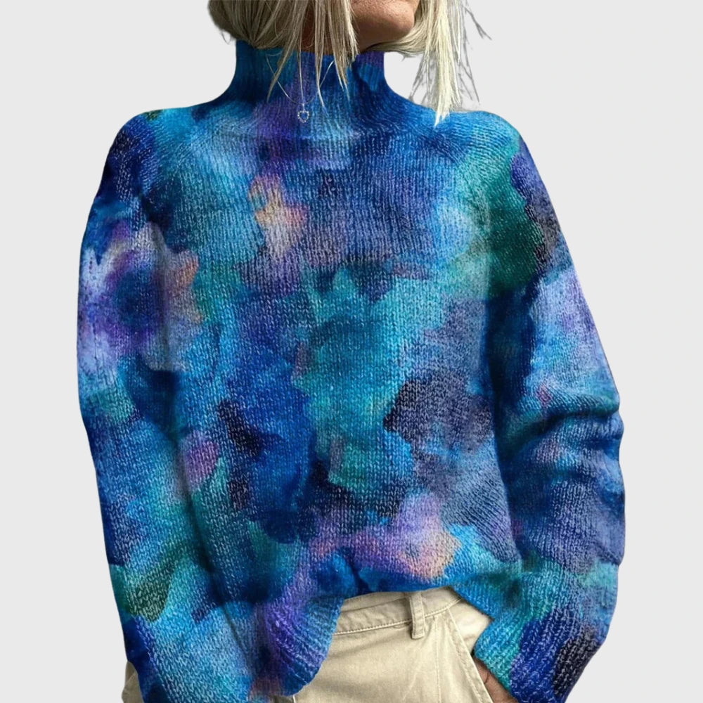 Blue turtleneck sweater with tie-dye watercolour print, back view