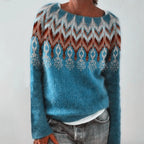 Blue green patterned crew neck sweater, front view