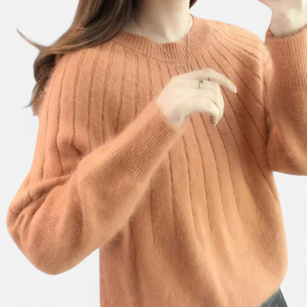 Brown ribbed knit crew neck sweater, front view