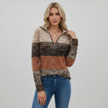 Woman wearing brown printed quarter zip sweater, studio photo