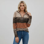 Woman wearing brown printed quarter zip sweater, studio photo