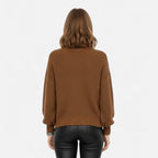 Brown wool-blend turtleneck chunky knit sweater, back view