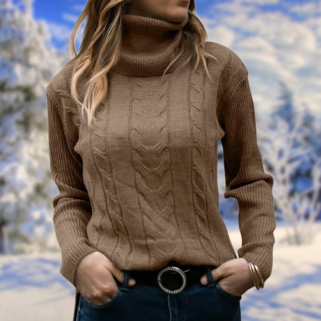 Brown cable-knit turtleneck sweater on model