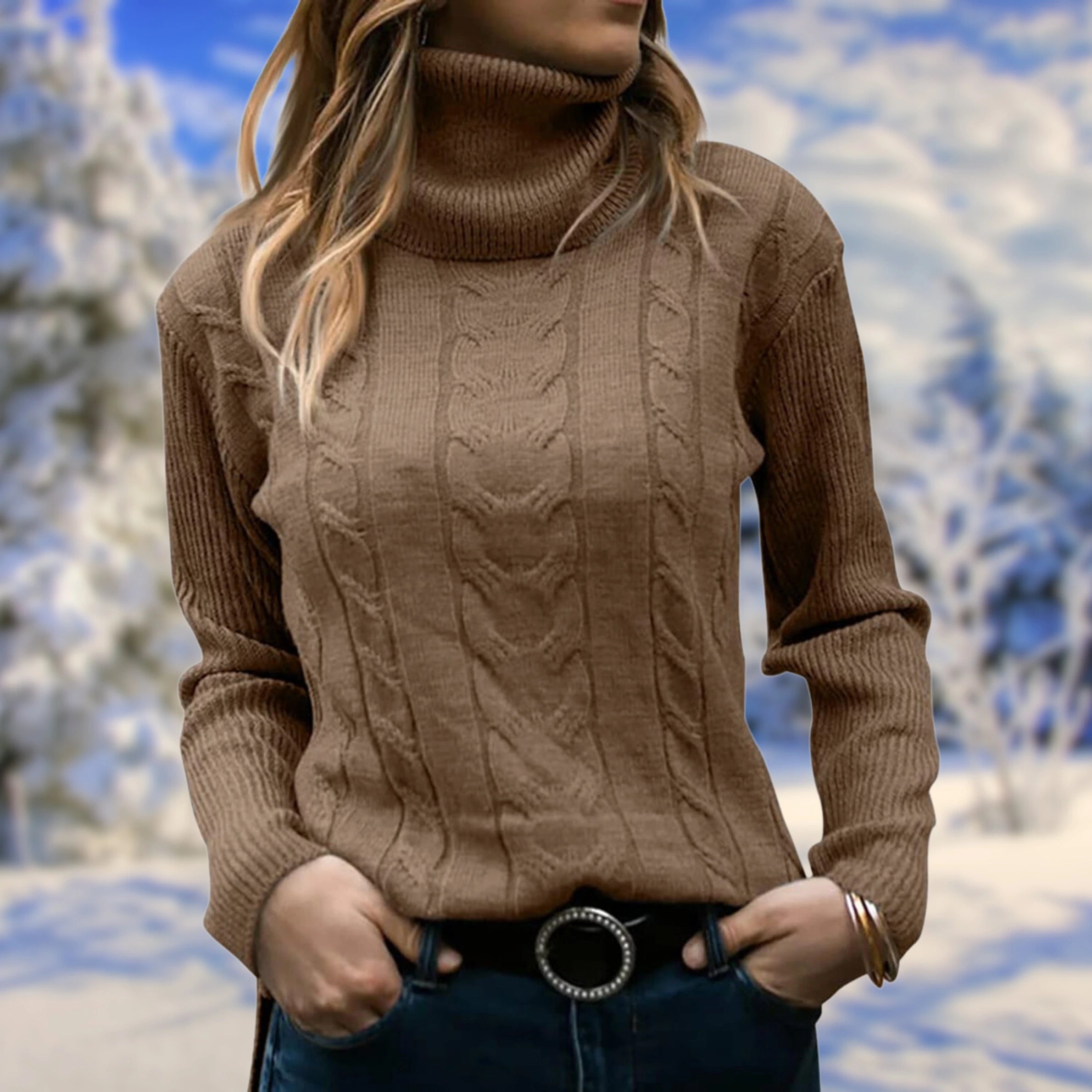 Brown cable-knit turtleneck sweater on model