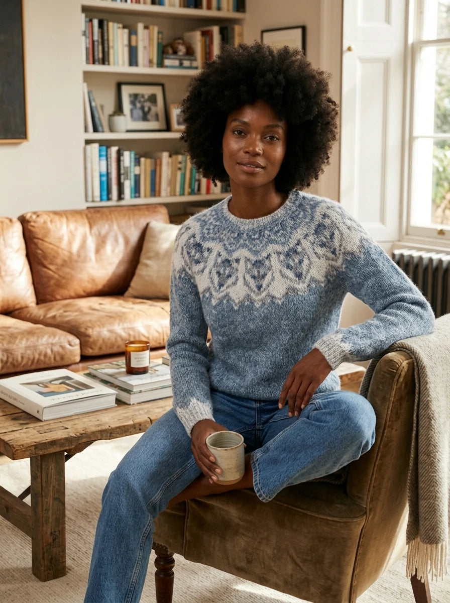 Cloudy blue vintage fair isle knit sweater on model, seated in cozy living room