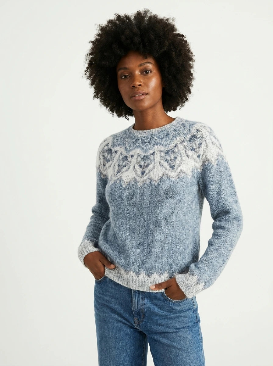 Cloudy blue vintage fair isle knit sweater on model, studio front view