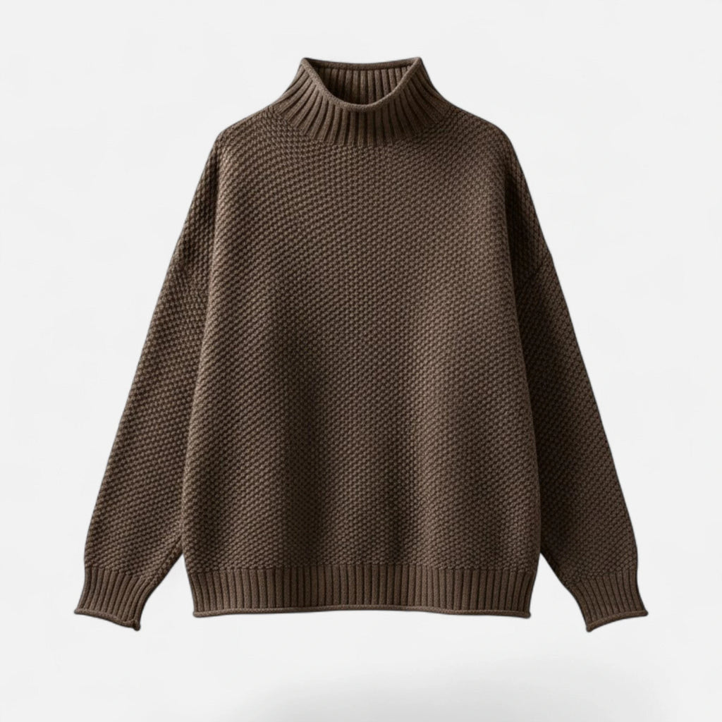 Coffee brown mock-neck knit sweater, flat lay