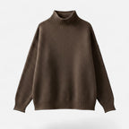 Coffee brown mock-neck knit sweater, flat lay