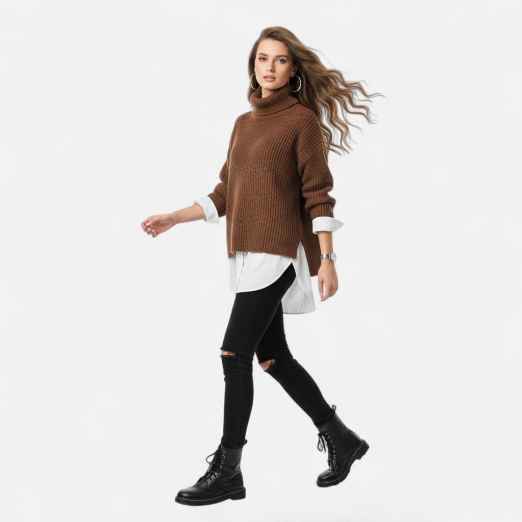 Coffee brown mock-neck sweater worn by model