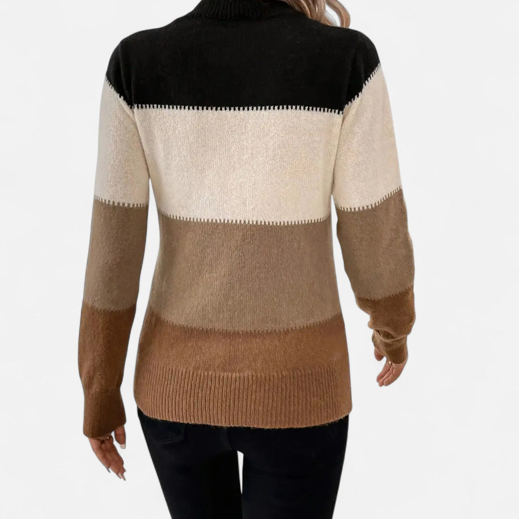 Driftly color-block crew neck sweater in brown, back view