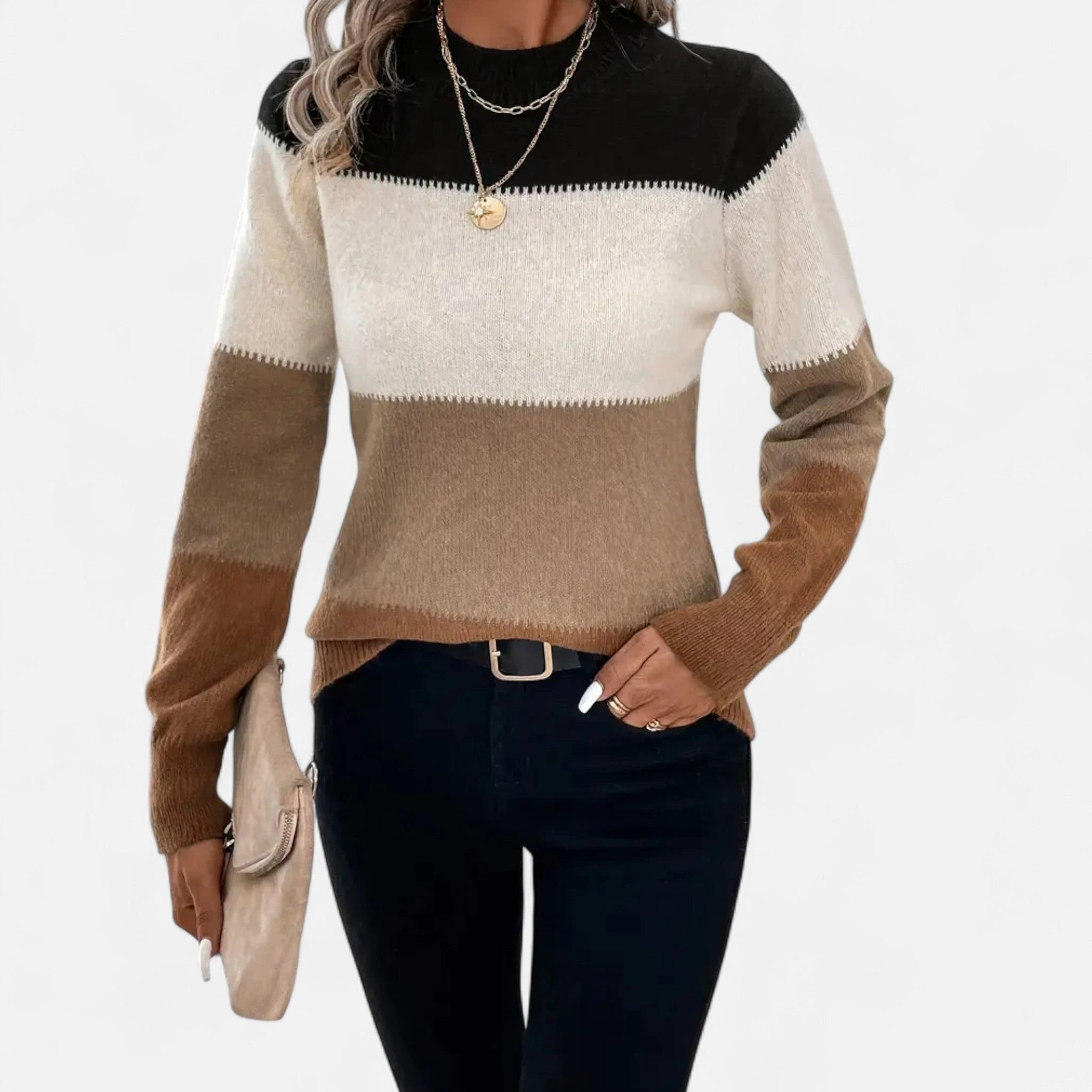 Driftly color-block crew neck sweater in brown, front view
