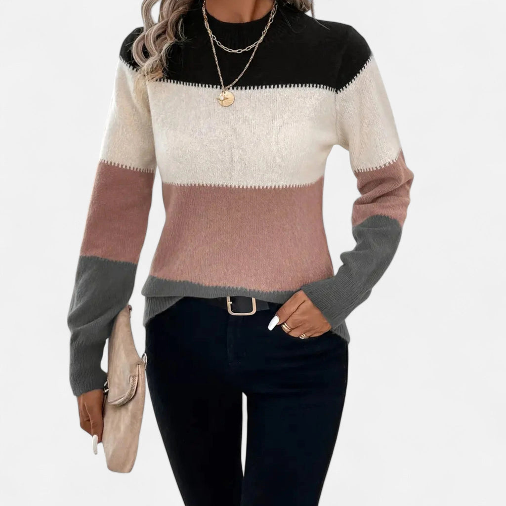 Driftly color-block crew neck sweater in dusty pink, front view