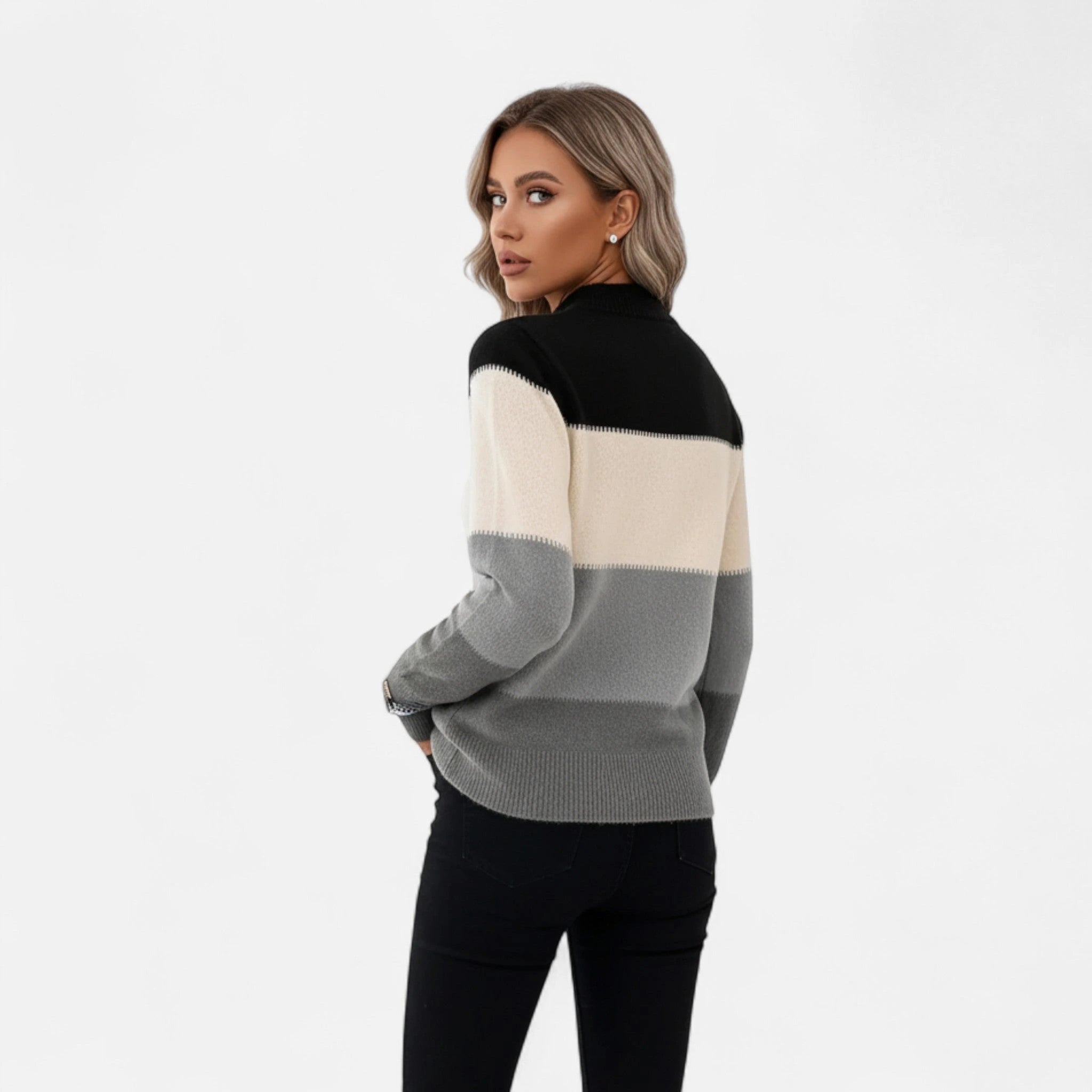 Driftly color-block crew neck sweater in grey, back view