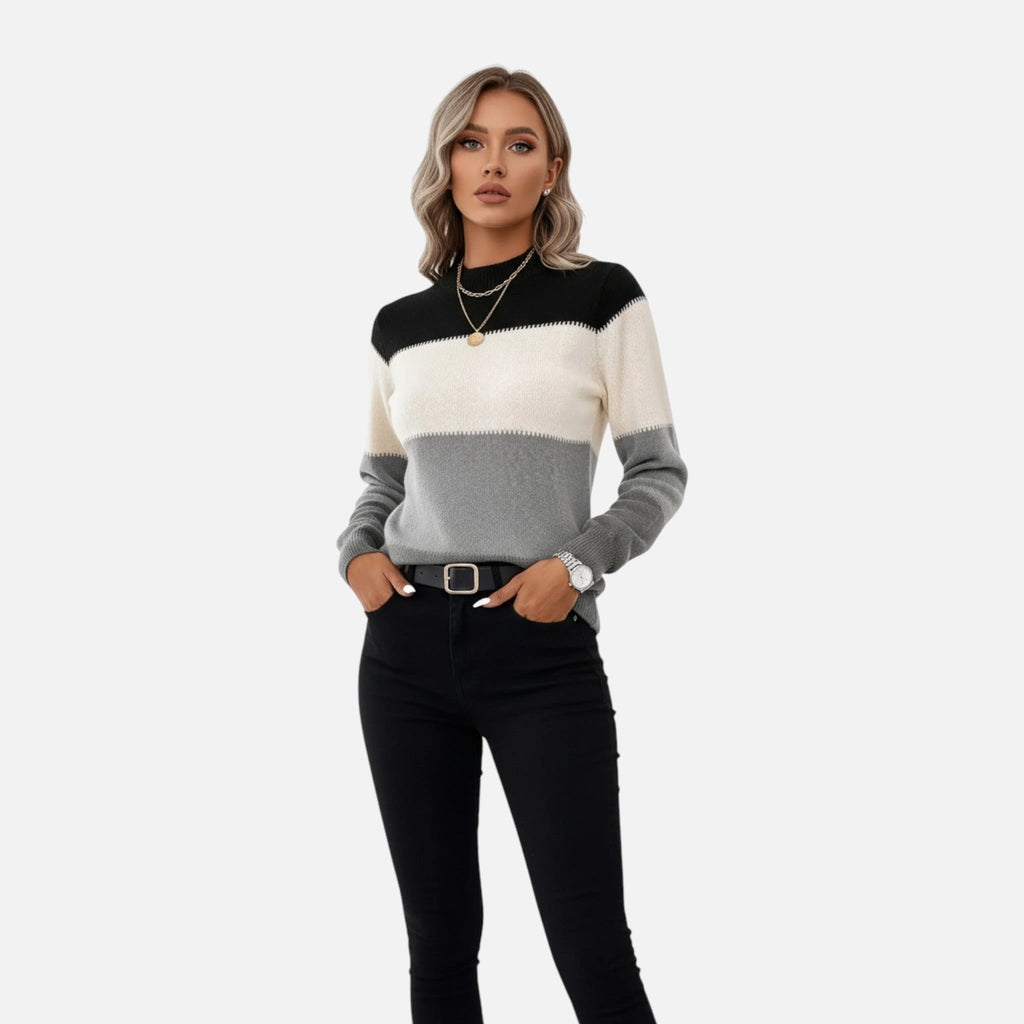 Driftly color-block crew neck sweater in grey, styled front view