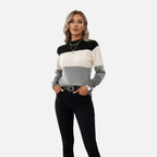Driftly color-block crew neck sweater in grey, styled front view