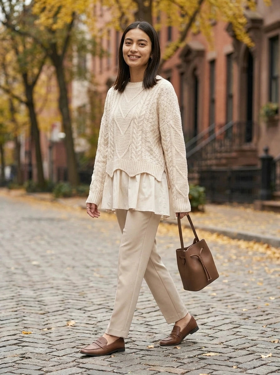 Cream cable knit sweater with layered hem on model, outdoor autumn street