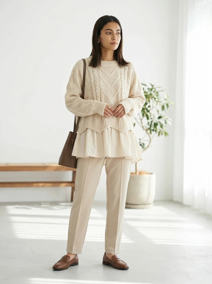 Cream cable knit sweater with layered hem on model, studio setting