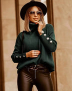 Driftly ribbed turtleneck sweater in dark green with button sleeve detail