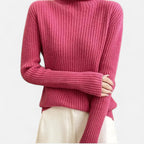 Dark pink ribbed turtleneck sweater, close-up detail