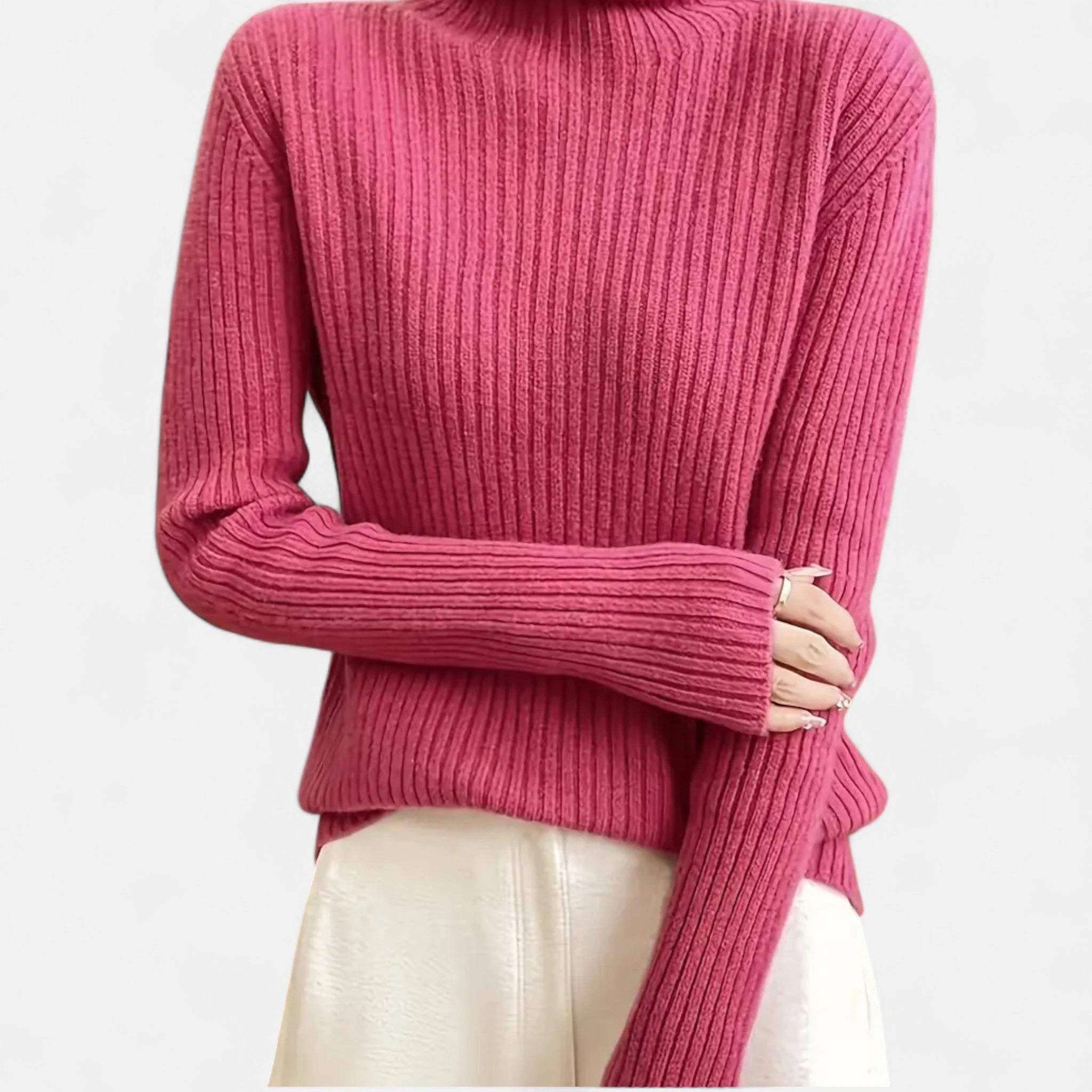 Dark pink ribbed turtleneck sweater, close-up detail