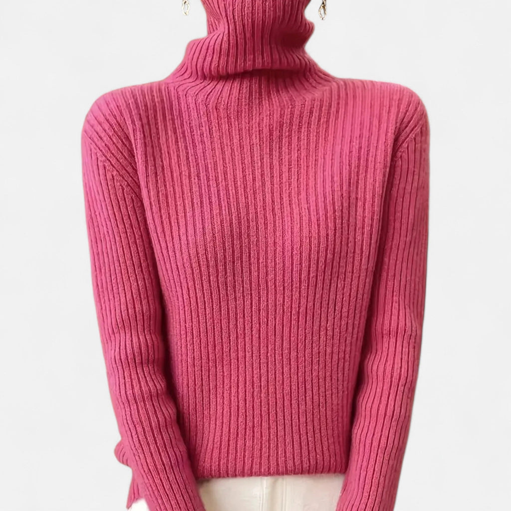 Dark pink ribbed turtleneck sweater, front view