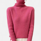 Dark pink ribbed turtleneck sweater, front view