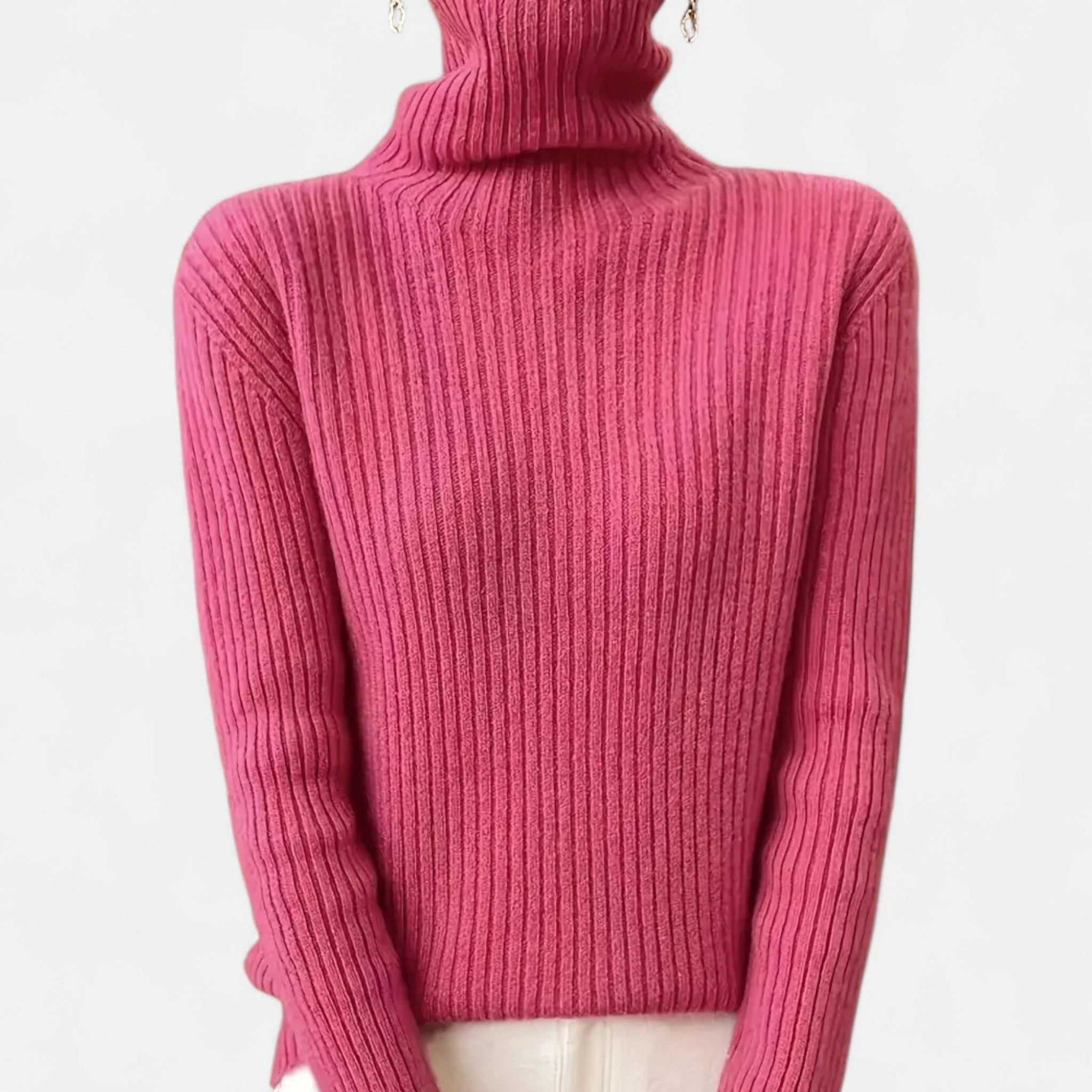 Dark pink ribbed turtleneck sweater, front view