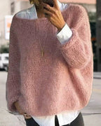 Driftly off-shoulder fluffy knit sweater in dark pink, alternate view