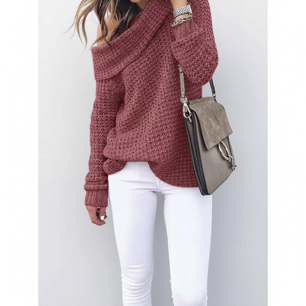 Driftly women's dark pink off-shoulder relaxed long sleeve sweater, front view