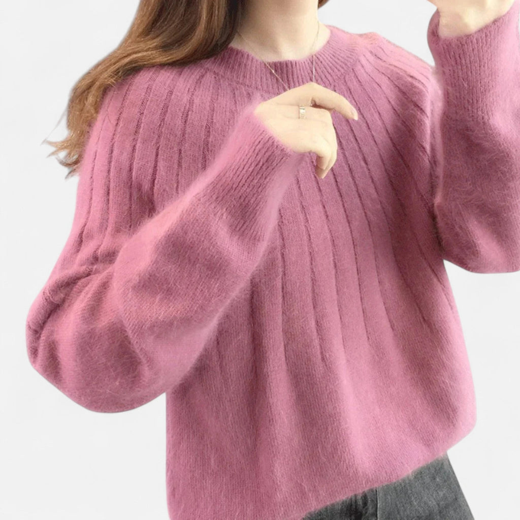 Dark pink ribbed knit crew neck sweater, front view