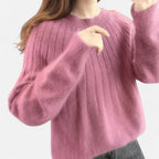 Dark pink ribbed knit crew neck sweater, front view