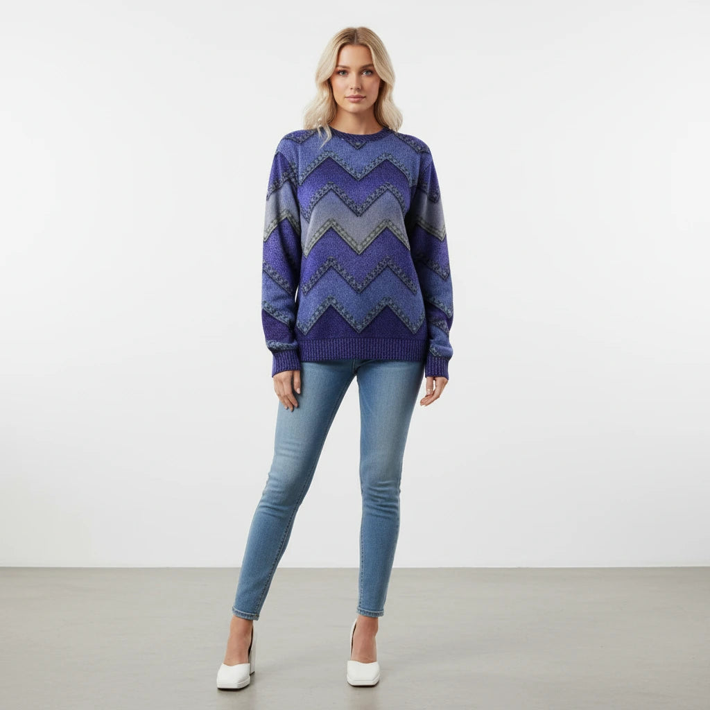Dark purple chevron patterned crew neck sweater, front view