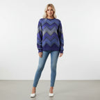 Dark purple chevron patterned crew neck sweater, front view