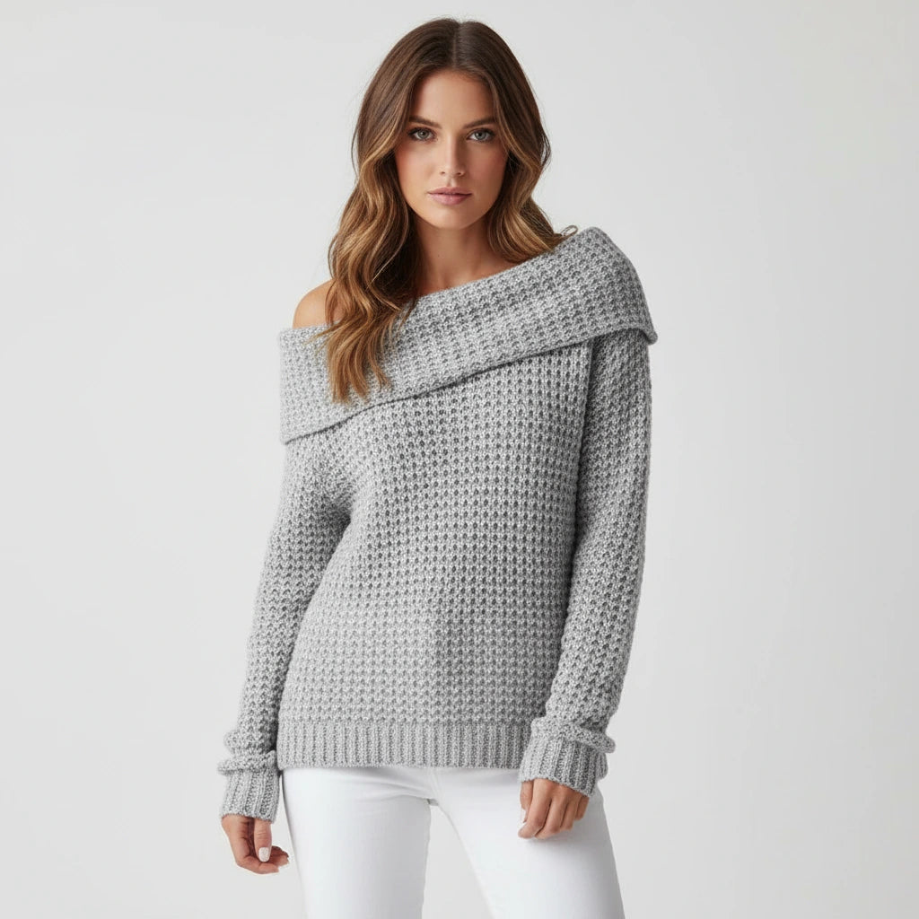 Driftly women's gray off-shoulder relaxed long sleeve sweater, front view