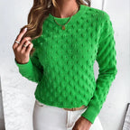 Green bobble knit crew neck sweater, front view