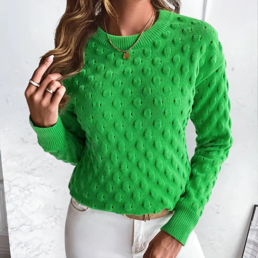Green bobble knit crew neck sweater, front view
