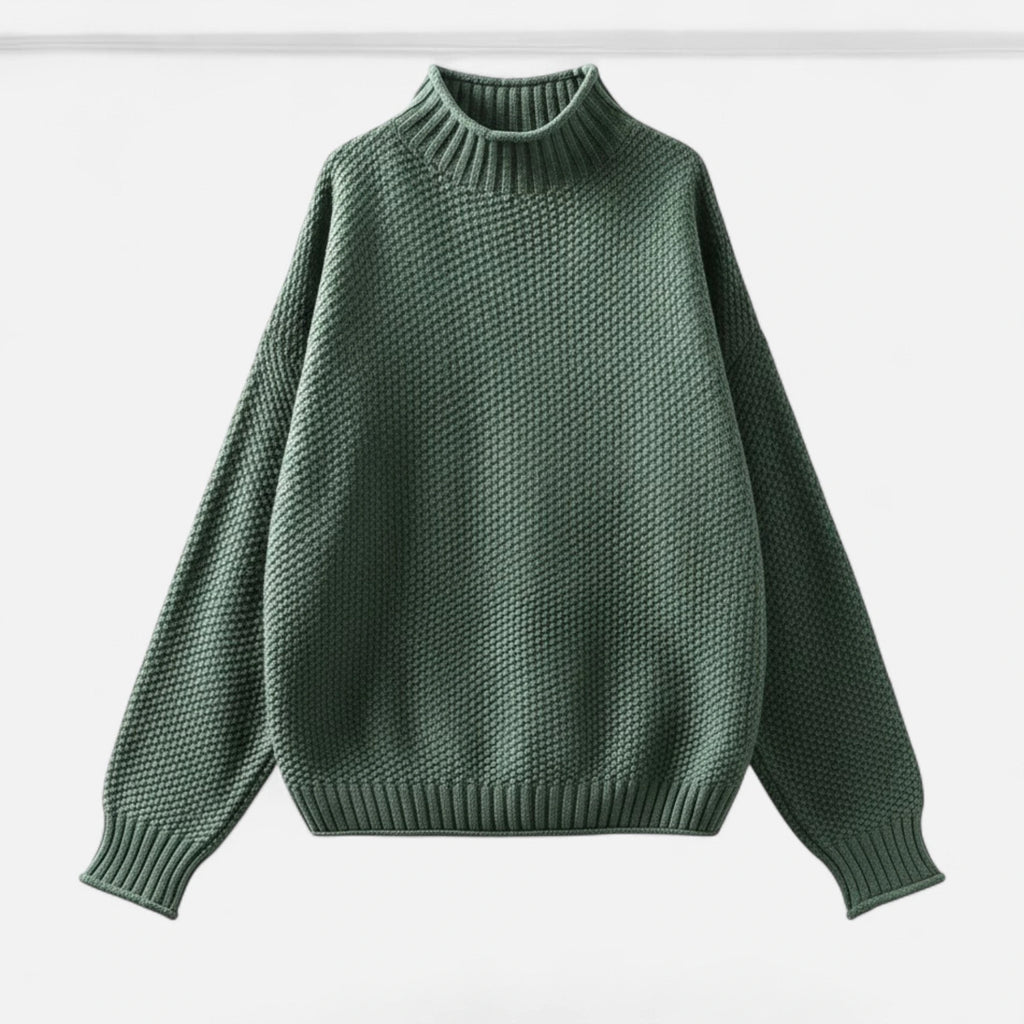 Green mock-neck knit sweater, flat lay