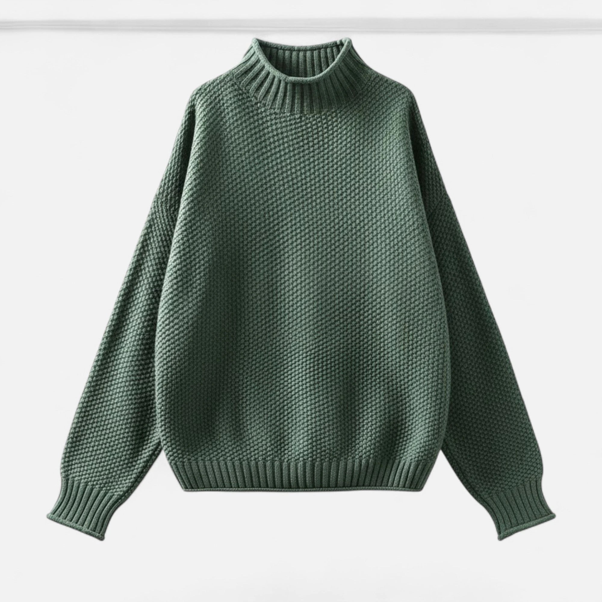 Green mock-neck knit sweater, flat lay