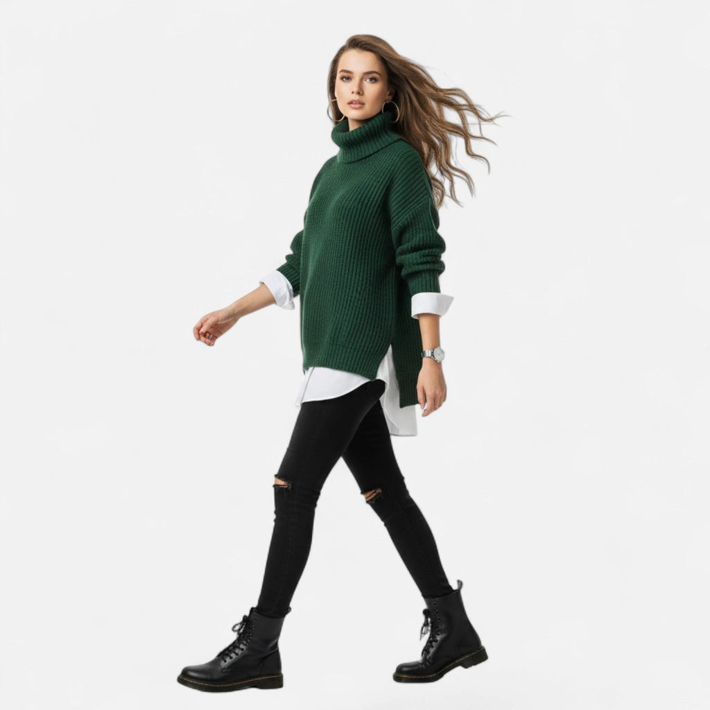 Green mock-neck sweater worn by model