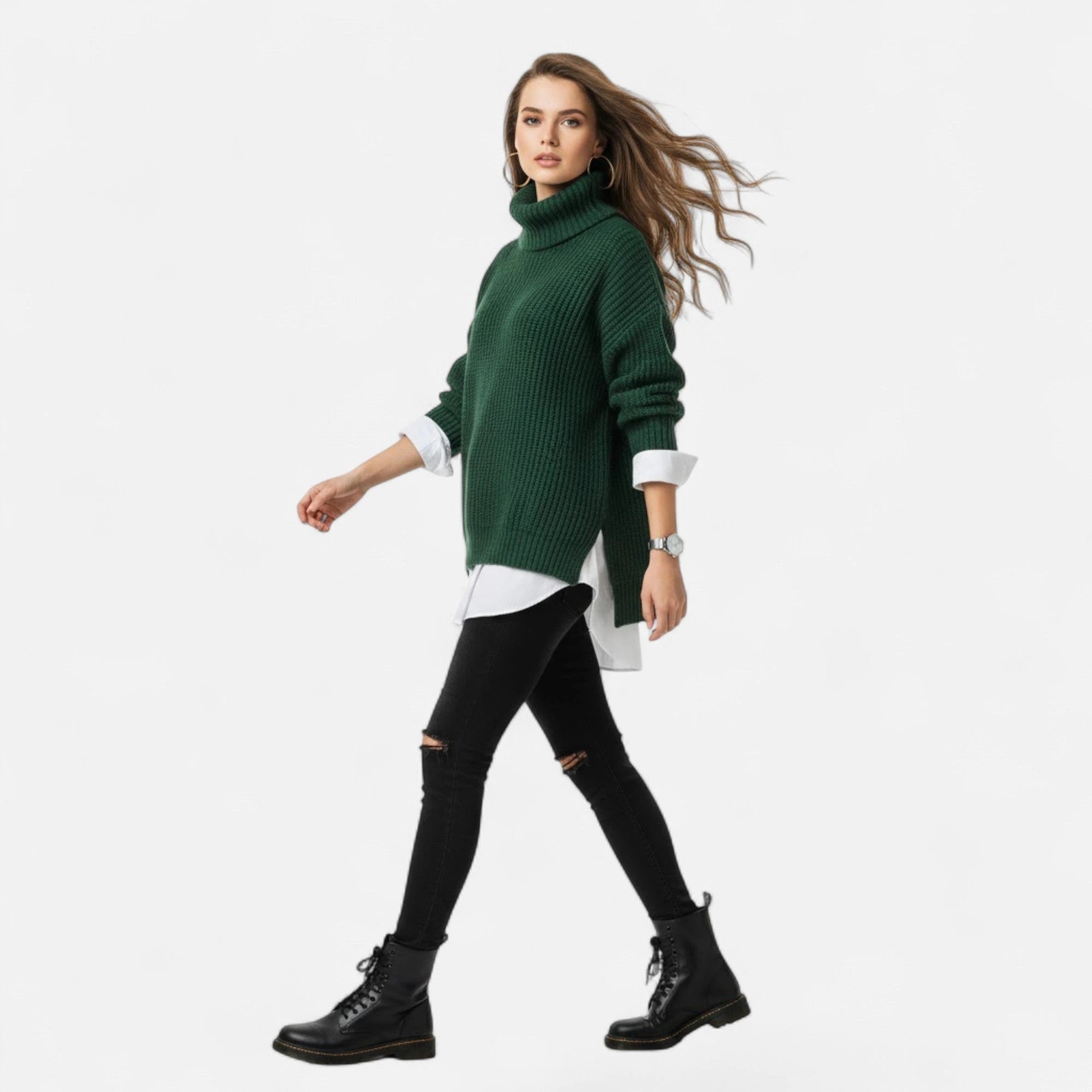 Green mock-neck sweater worn by model