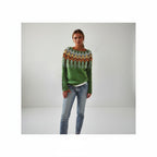 Green patterned crew neck sweater, studio front view