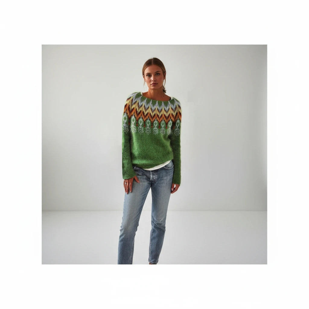 Green patterned crew neck sweater, studio front view