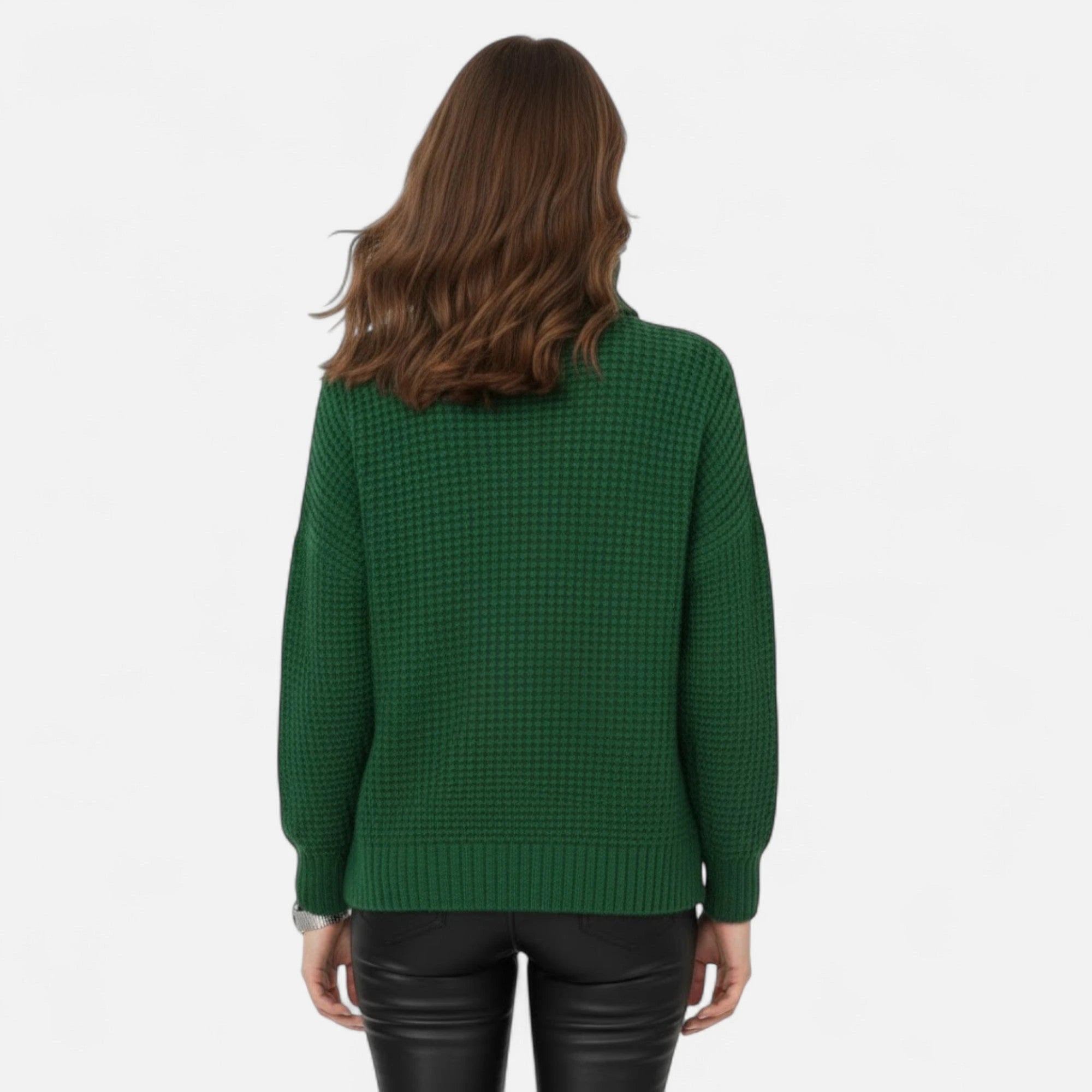Green wool-blend turtleneck chunky knit sweater, back view