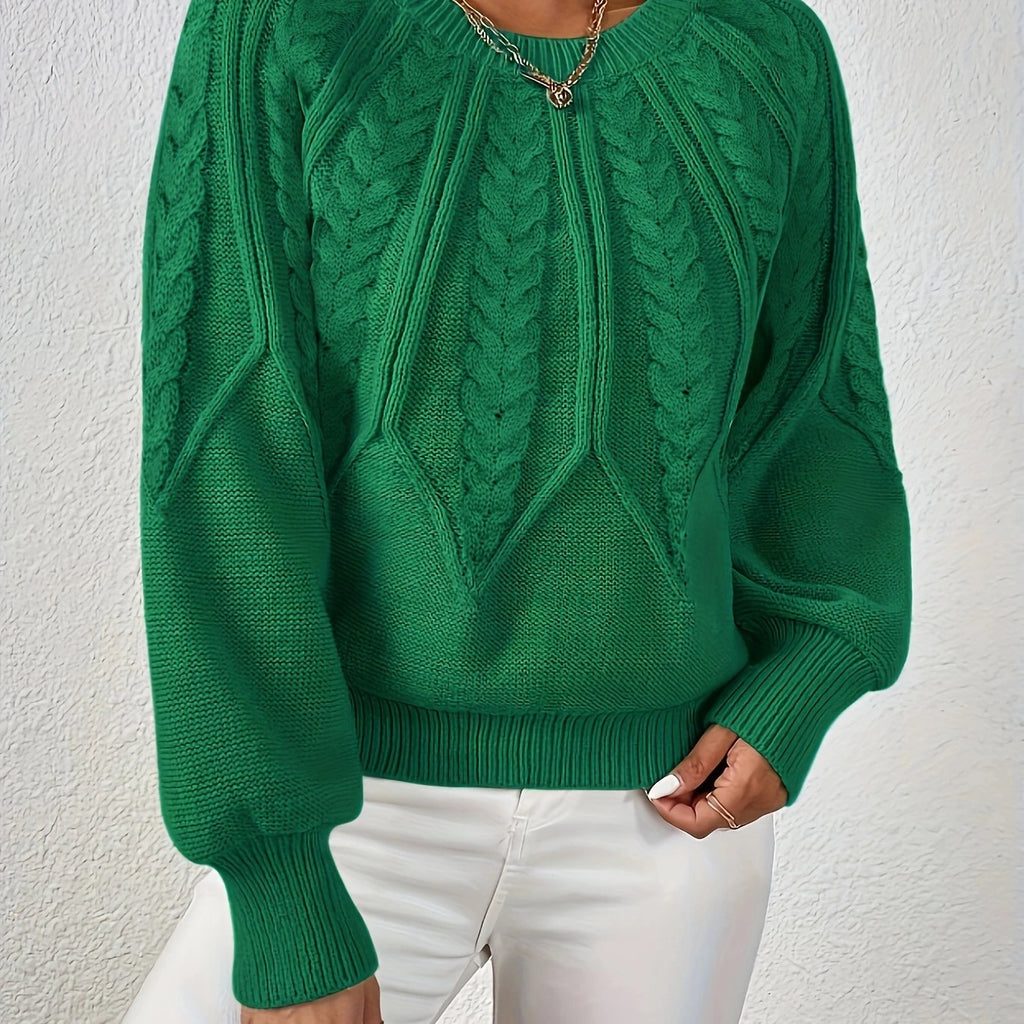 Woman wearing a green voluminous sleeve sweater with cable knit texture