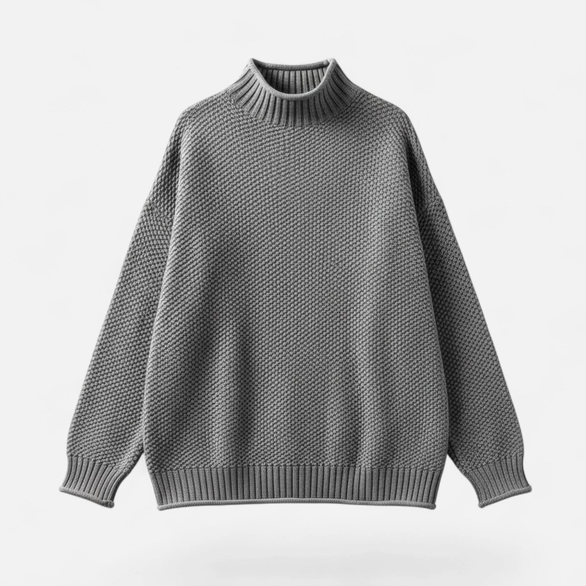 Grey mock-neck knit sweater, flat lay