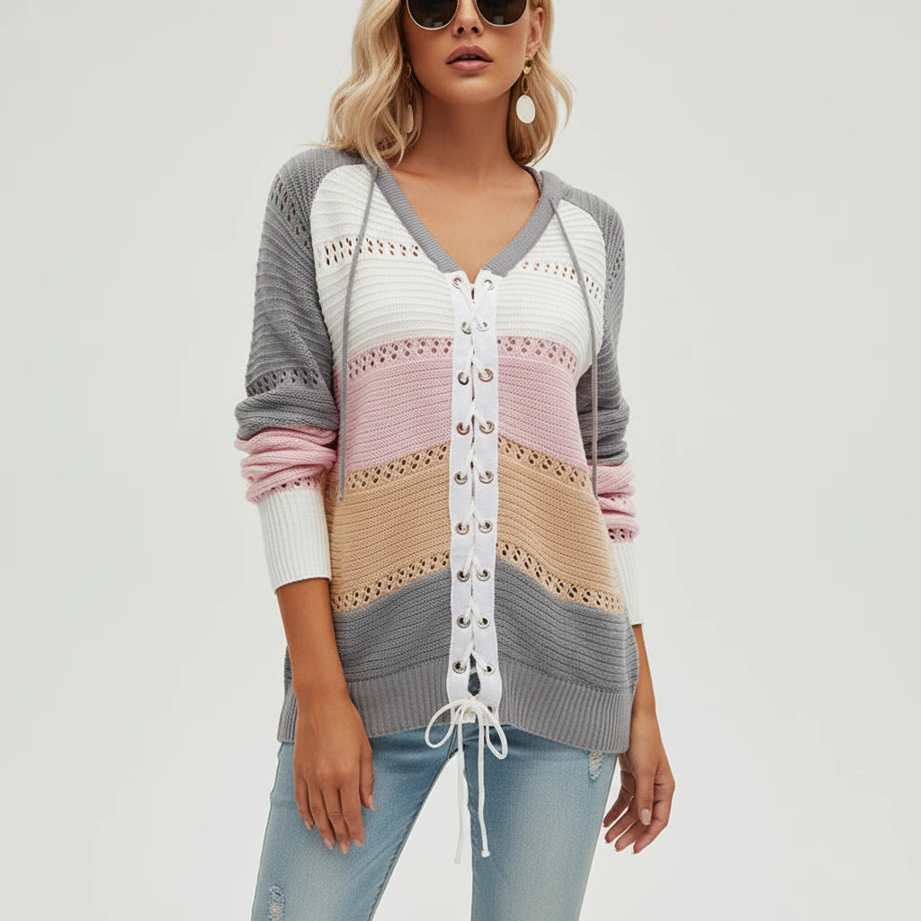 Grey hooded lace-up sweater with openwork panels, front view