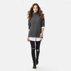 Grey mock-neck sweater worn by model