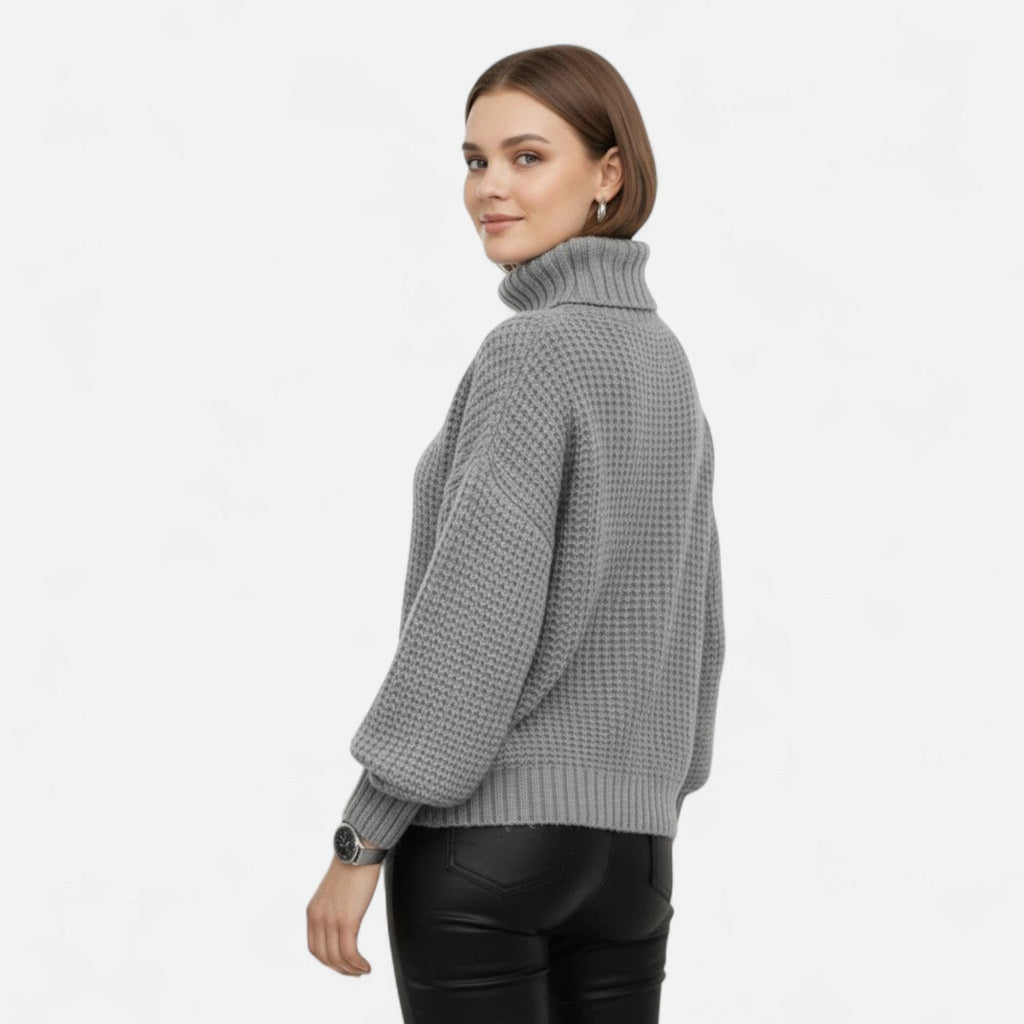 Grey wool-blend turtleneck chunky knit sweater, back view